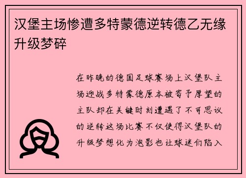 汉堡主场惨遭多特蒙德逆转德乙无缘升级梦碎